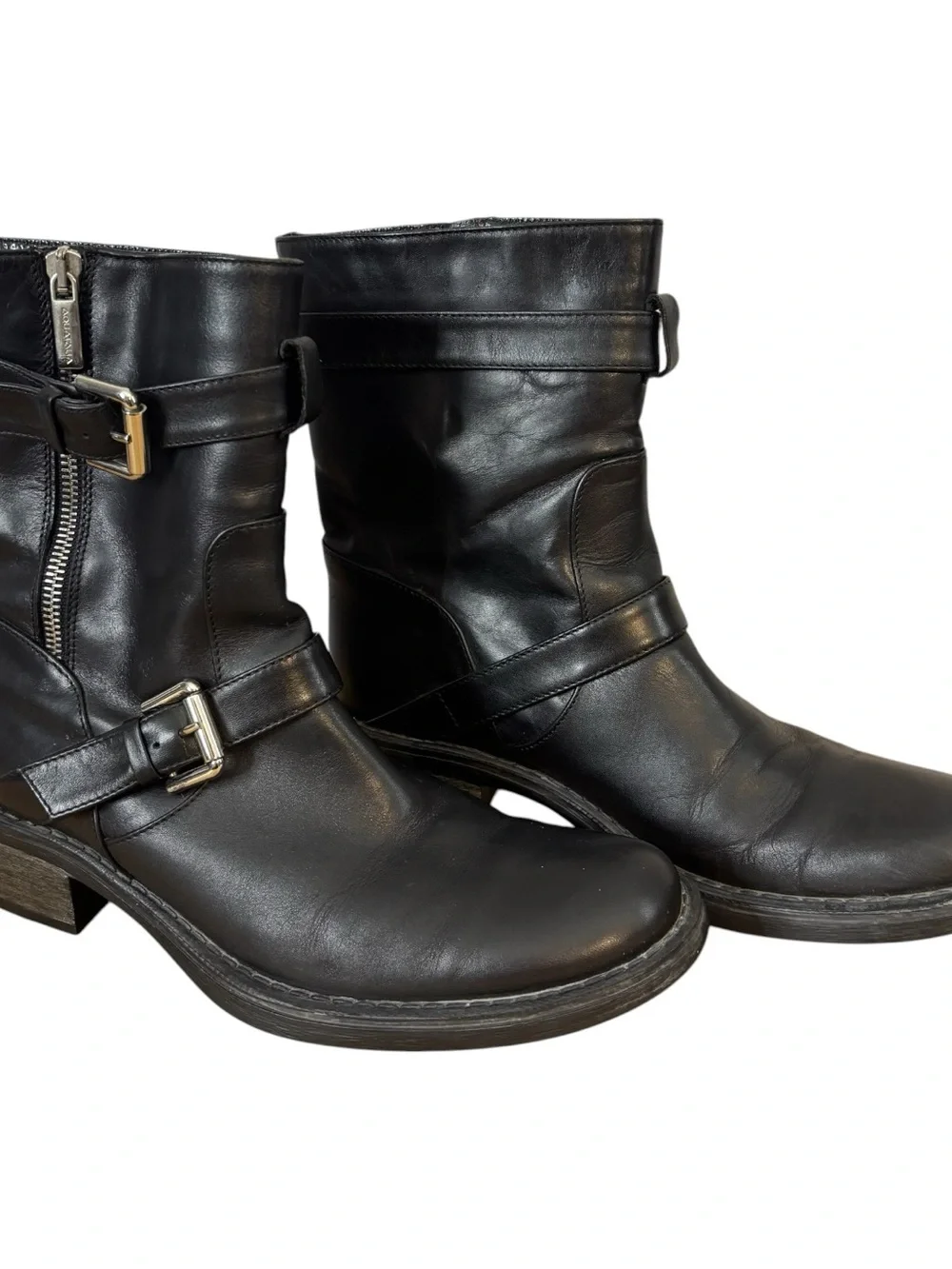 Aquatalia Black Leather Buckle Zip Moto Boots Women’s Size 6.5